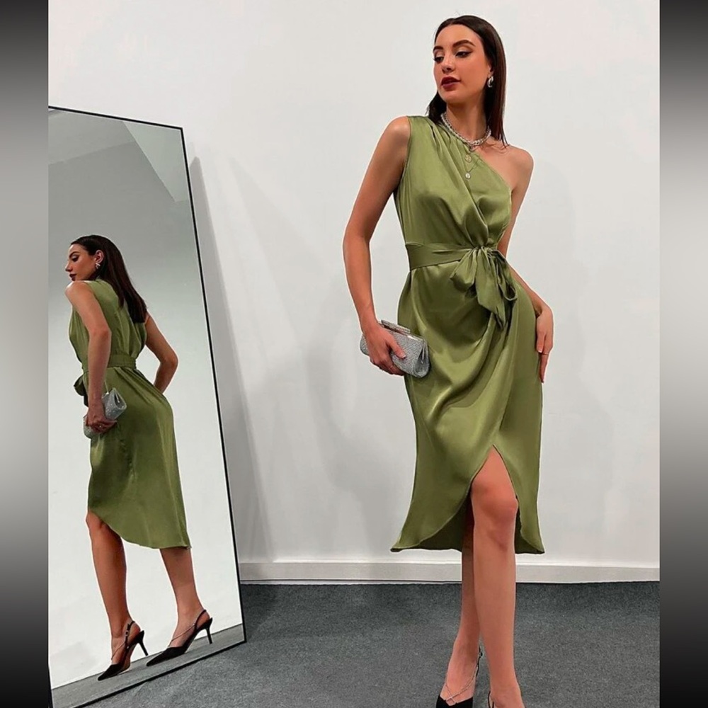 One Shoulder Belted Satin Dress